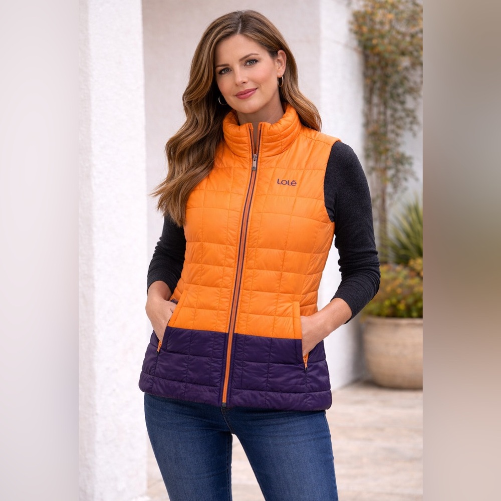 Lole puffer sleeveless vest jacket orange purple full zip pockets layering small